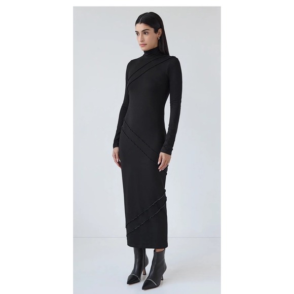 Marcella NYC Malcolm Dress XL Maxi Black Ruffled Seam Turtleneck Modest‎ Stretch - Picture 1 of 10